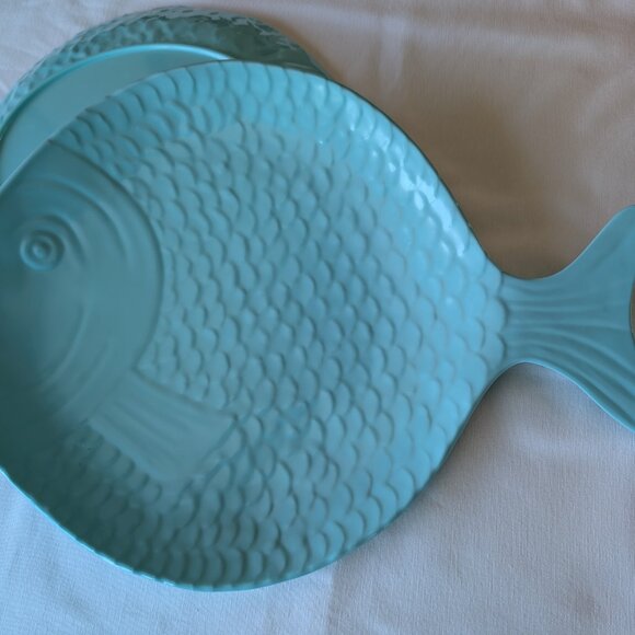 2 Sigrid Olsen Melamine Teal Mint Blue Large Fish Shaped Serving Platters Kitsch - Picture 8 of 13